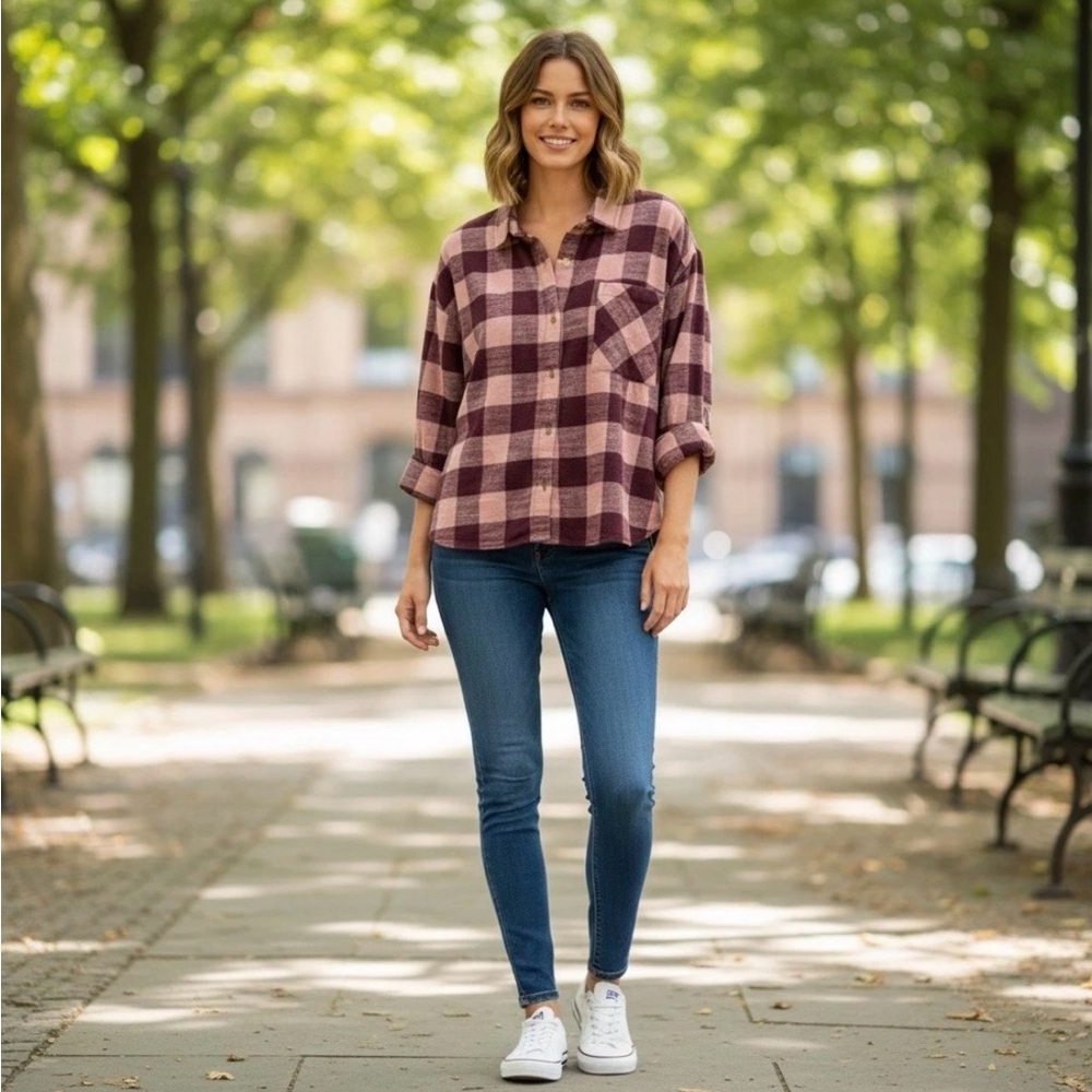 Scotch & Soda Amsterdam Plaid Button Down Soft Mauve and Burgundy Long Sleeve